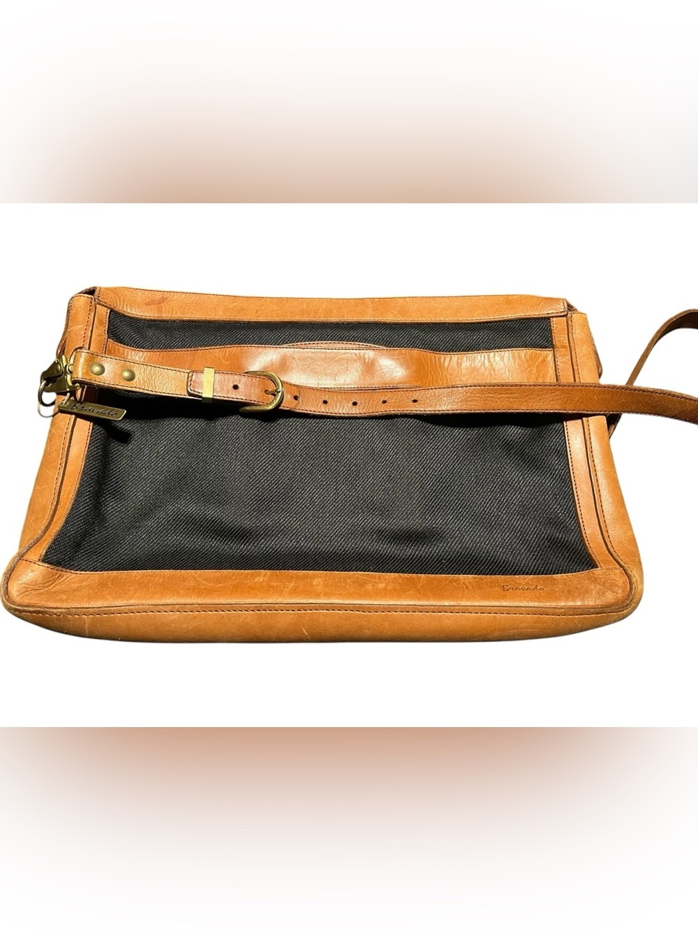 Vintage Bravado Leather Canvas Messenger Crossbody Satchel Bag Brass 17x12